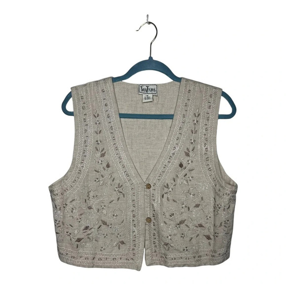 Vintage Linen Oatmeal Needlepoint Vest M - Picture 1 of 4